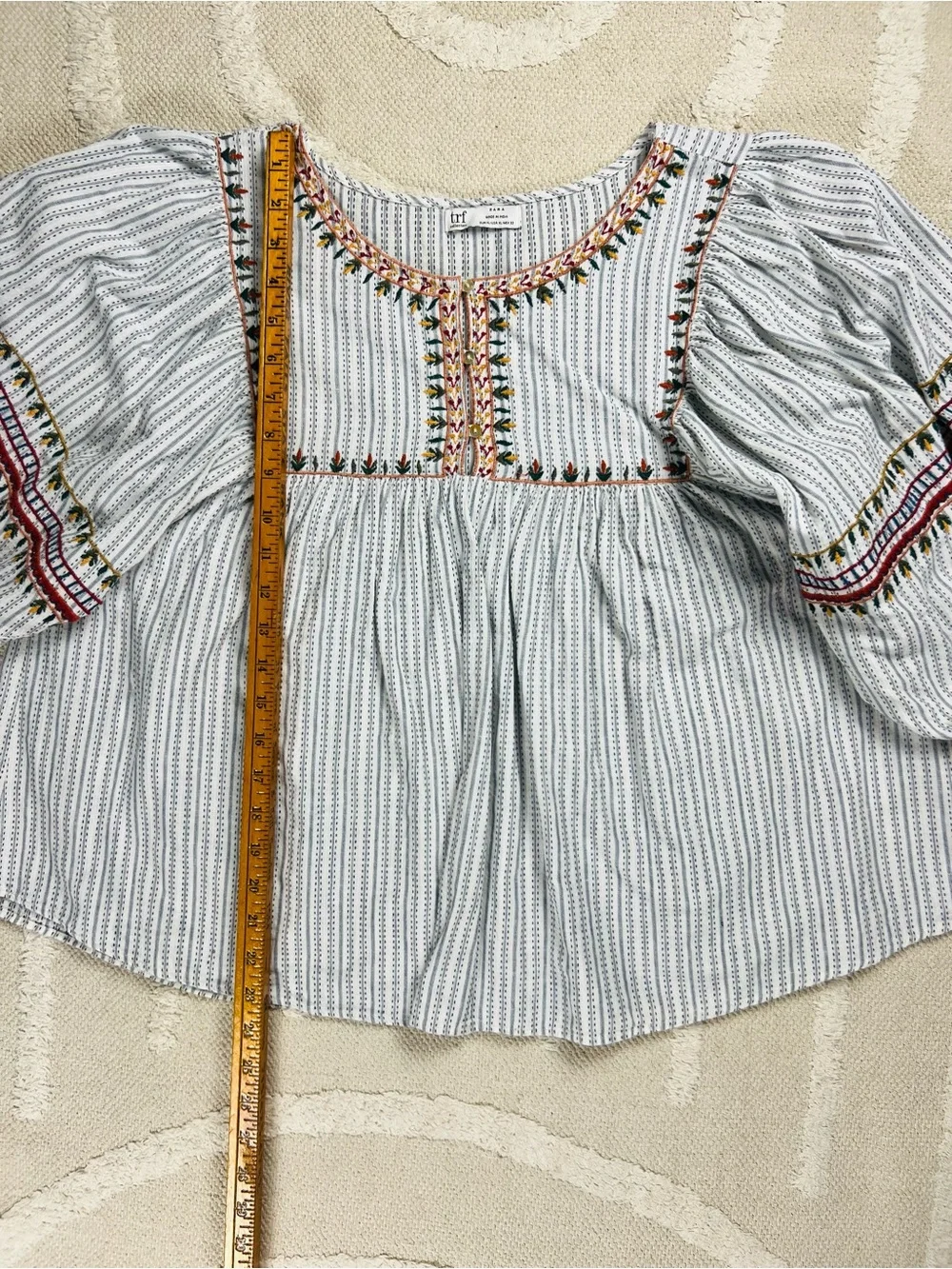 Zara TRF Embroidered Striped Peasant Blouse – Boho Blue & White – XL